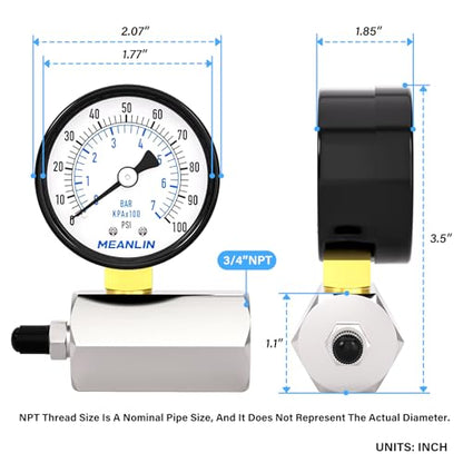 MEANLIN MEASURE 0~100Psi 2" Steel Double Graduated Air Test Pressure Gauges, 3/4" FNPT Connection, -3-2-3% Accuracy - size: 0-100Psi, style: Chrome Body