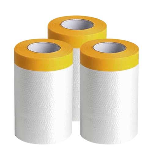 InoKraft Pre-Taped Masking Film for Painting, Painters Plastic Sheeting with Automotive Paint Tape and Drape for Covering Cars, Walls, Windows and Furniture Protection (22" x 66', 3 Rolls)