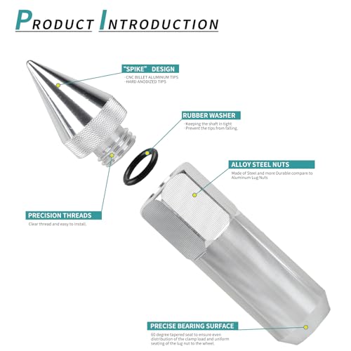 M12x1.5 Spikes Lug Nuts, 60mm Aluminum Wheel Nuts 20pcs - color: Silver