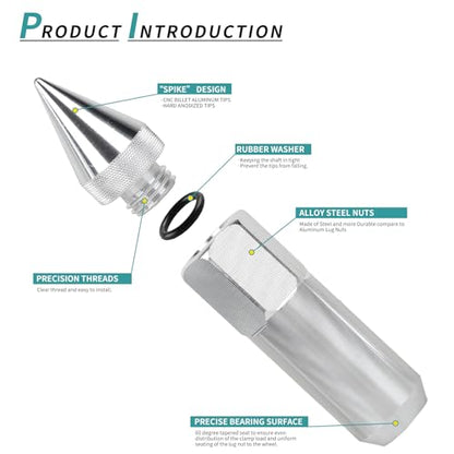 M12x1.5 Spikes Lug Nuts, 60mm Aluminum Wheel Nuts 20pcs - color: Silver