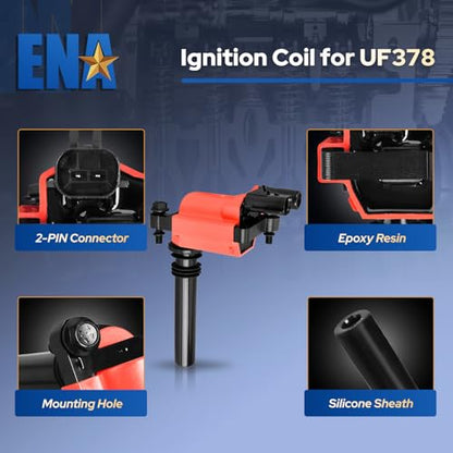 ENA Set of 8 Ignition Coil Pack with Wire Set and 16 Spark Plug 5.7 Compatible with Chrysler Dodge Jeep Ram 1500 2500 3500 Magnum Grand Cherokee 300 5.7L V8 2003 2004 2005 Replaces UF378 3213 -Red