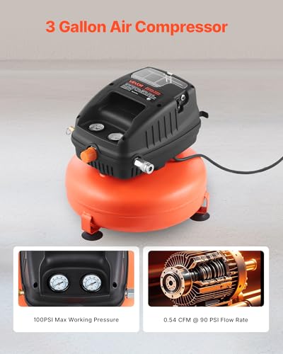 VEVOR 3 Gallon Air Compressor, 1/3HP 0.54CFM @ 90PSI Portable Pancake Air Compressor & 100PSI Max Working Pressure, Oil-Free Compressor Tank for Tire Inflation, Spray Painting, Woodwork Nailing, 120V