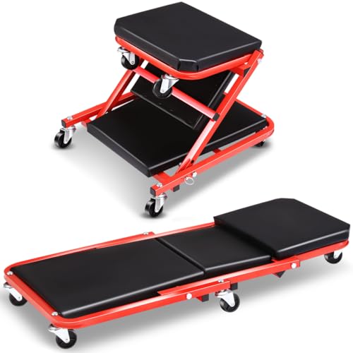 Foldable Rolling 2-in-1 Z Creeper & Seat, 36" Low-Profile Roller Mechanics Under Car Chair, 330 LBS Weight Capacity with 6 Swivel Casters - color: Red Black, size: 36 Inch Length