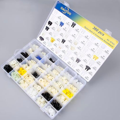 360pcs Nylon Grommet Nut Assortment for Automotive Body Bumper Fender Liner Grille Headlamp License Plate Door Panel Trim Nuts