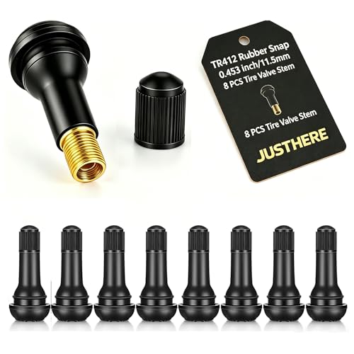 JUSTHERE 8 Pcs TR412 Rubber Snap-in Tire Valve Stems, Black Tire Valve Stem for Tubeless 0.453 Inch 11.5mm Rim Holes on Standard Vehicle Tires