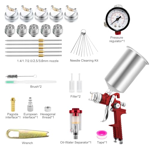 HVLP Air Spray Gun, Automotive Paint Gun Kit W/ 5 Nozzles 1000cc Cup - color: Red