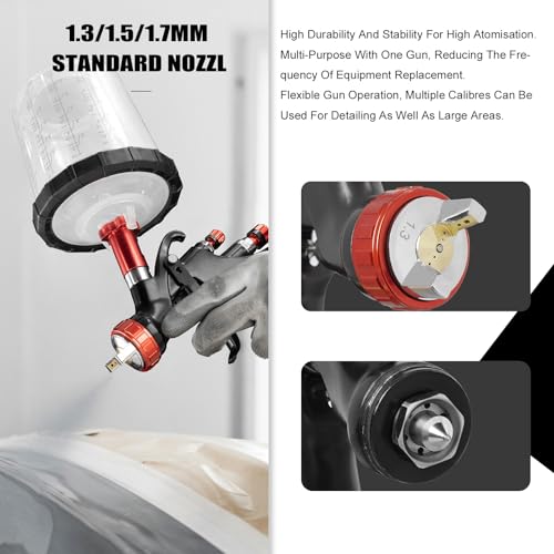 A610 LVLP Air Spray Gun Premium Kit, with 1.3/1.5/1.7mm Nozzles & Air Regulator, 650ml Mixing Cup & 10x Disposable Cups, Paint Gun for Cars, Furniture, Fence, Varnish&Top Coat - color: Black 5