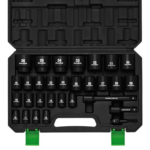 TecoTek 30 Pieces 1/2-Inch Drive Shallow Metric Impact Socket Set, Cr-Mo, 10mm to 36mm, No Skipped Sizes, 6 Point, Includes Extension Bars, Drill Socket Adapter 1/2" - style: 1/2" Dr. 30pcs Shallow Impact Socket