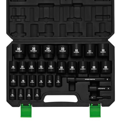 TecoTek 30 Pieces 1/2-Inch Drive Shallow Metric Impact Socket Set, Cr-Mo, 10mm to 36mm, No Skipped Sizes, 6 Point, Includes Extension Bars, Drill Socket Adapter 1/2" - style: 1/2" Dr. 30pcs Shallow Impact Socket