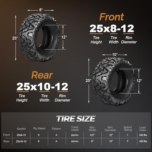 TUFFIOM Set of 4 ATV/UTV All-terrain Tires 25x8-12 Front 25x10-12 Rear, 6 PR, Tubeless - size: 25x8-12 & 25x10-12