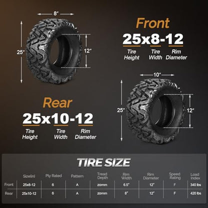 TUFFIOM Set of 4 ATV/UTV All-terrain Tires 25x8-12 Front 25x10-12 Rear, 6 PR, Tubeless - size: 25x8-12 & 25x10-12