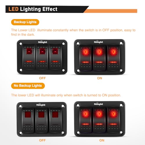 Nilight - 90019C 3 Gang Aluminum Rocker Switch Panel Toggle Dash 5 Pin ON/Off Pre-Wired Rocker Switch Red Backlit Switch for Automotive Car Marine Boat RV,2 Years Warranty - color: Red, size: 3 Gang