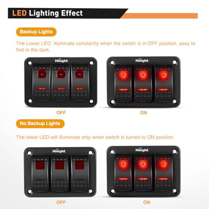 Nilight - 90019C 3 Gang Aluminum Rocker Switch Panel Toggle Dash 5 Pin ON/Off Pre-Wired Rocker Switch Red Backlit Switch for Automotive Car Marine Boat RV,2 Years Warranty - color: Red, size: 3 Gang