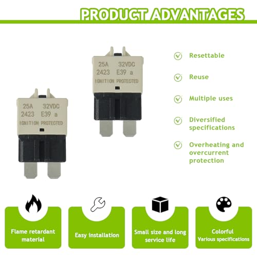 25A DC 12V-32V Manual Reset Circuit Breaker ATC/ATO Low Profile T3 Mini Blade Fuses Breakers for Car Trucks Marine Boat RV Solar and More,2 Pack - style: E39-ATC/ATO-Manual Reset