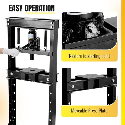 12 Ton/26000lbs Shop Press, Hydraulic H-Frame, Movable Plates, Adjustable Height, Safety Relief Valve