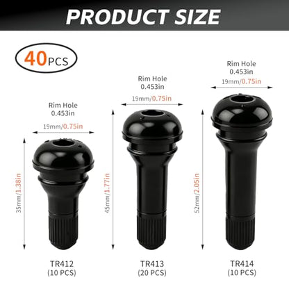40 Pcs TR412 TR413 TR414 Black Rubber Snap-in Tire Valve Stems Kit