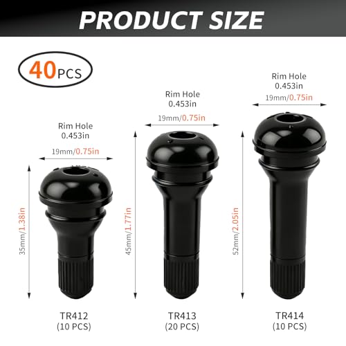 40 Pack TR412 TR413 TR414 Tire Valve Stems, Tubeless Valve Stems for 0.453 inch Rim Holes on Standard Vehicle Tires, Black Rubber Snap-in Valves for Cars Trucks Trailers