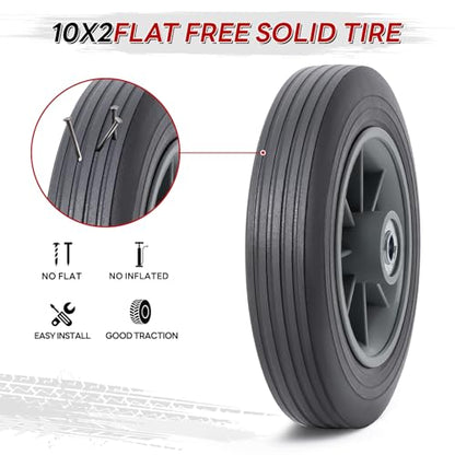 2 Pcs 10 inch Solid Rubber Tires, 10" x 2" Flat Free Tire and Wheel