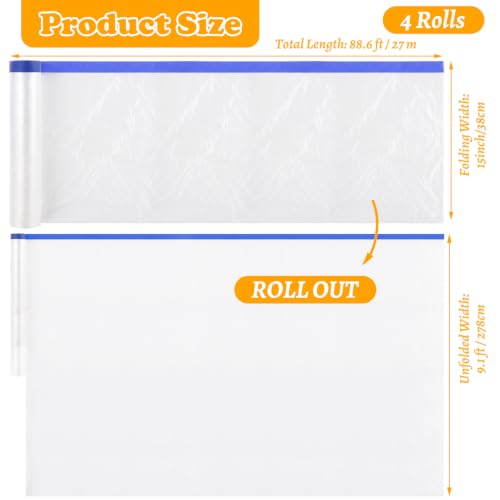 4 Rolls Painters Plastic with Tape 8.8 x 88 Feet Pre-Taped Masking Film Paint Plastic Covering for Painting, Automotive Covering and Appliance Protection