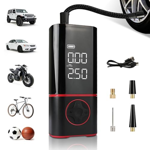KITLUCK Portable Air Compressor, Tire Inflator with Digital Gauge, 2000mAh Rechargeable Battery, 150 PSI, for Car Tires, Bike, Motorcycle, Balls, Air Mattress, Includes LED Light & Multiple Nozzles