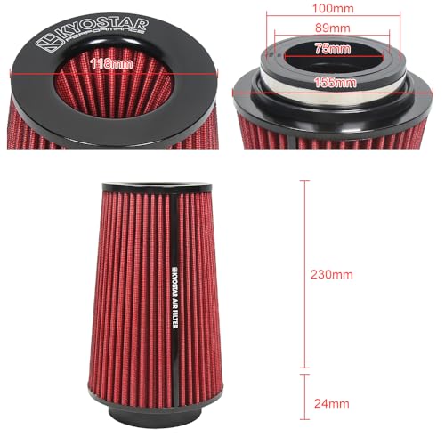 Universal 3/3.5/4" (75/89/100mm) High-Flow Air Filter, Reusable Cone Cold Air Intake, High Performance, Clamp-On Car High Flow Air Kit, Flange Diameter: 3/3.5/4 Inch, Height: 10 Inch, RED - color: RED