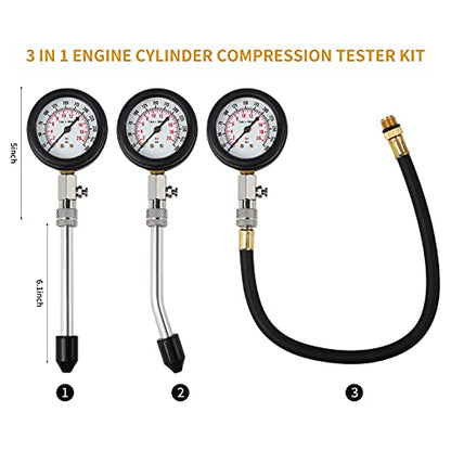 8PCS Compression Tester Kit Professional Petrol Gas Engine Cylinder Pressure Gauge 0-300 PSI Automotive Tool for Motorcycle Car Truck (Blue) - color: Blue