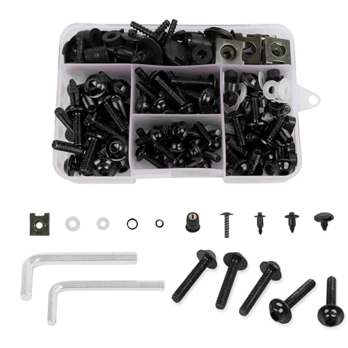 CHIFUN Motorcycle Fairing Bolt Kit, 195 Pcs M5 M6 Aluminum Screws Assortment Kit Plastic Grommets Nuts Washers Clips Universal for Sport Dirt Bike Bodywork Fairing Windscreen (Black) - color: Black
