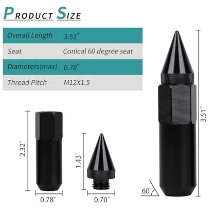 M12x1.5 Spikes Lug Nuts, 60mm Aluminum Wheel Nuts 20pcs - color: Black