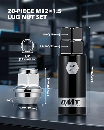 OMT M12x1.5 Lug Nuts with Cone Seat, 20pcs Lug Nuts Set with 1 Socket Key - color: Silver, size: M12x1.5, style: 20Pcs OEM Style
