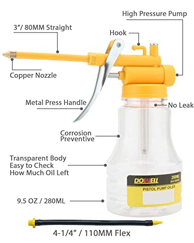DOWELL Pistol Pump Oiler Lubrication Oil Gun 9.5oz 280ml Plastic Bottle with Straight Flexibal Spout Transparent HY050202 - size: 9.5 oz