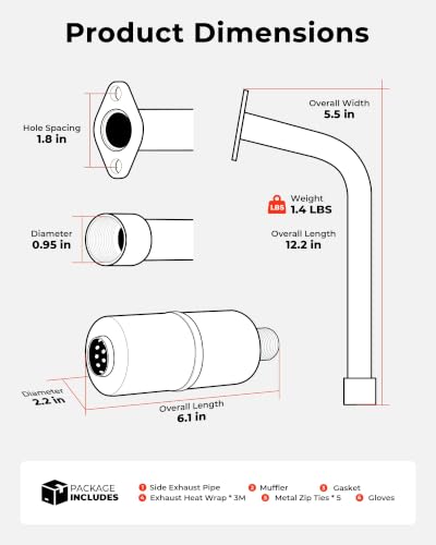 Mini Bike Side Exit Exhaust Pipe for FRP GMB100 Series, Runtong OHV 99cc 220cc Engine – High Performance Steel Exhaust Header with Muffler, Bolt-On Upgrade Kit - size: Side Exit
