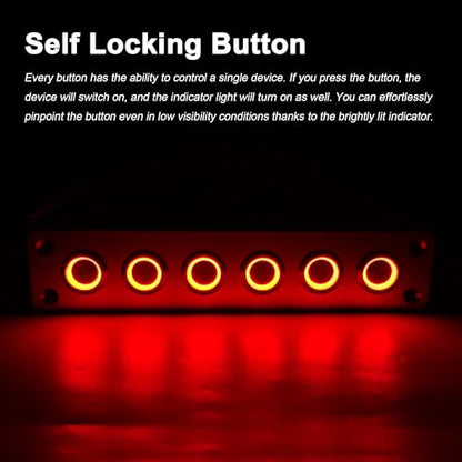 6 Gang Push Button Switch Panel Antioxidant Aluminum DC 12V Pre-Wired with LED Indicator Light IP65 Waterproof Panel for Marine Car RV Truck Yacht (Red LED) - color: 6Gang Red LED