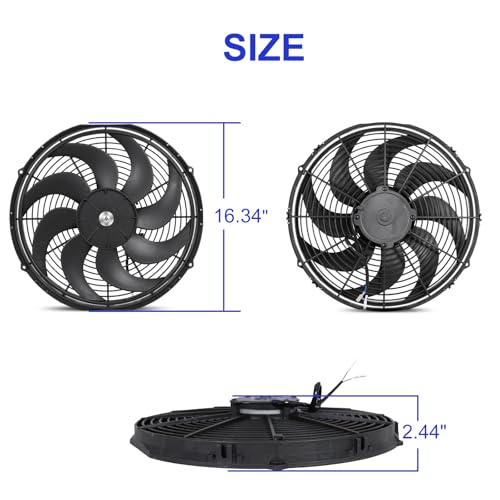 Universal 16-Inch Slim Electric Radiator Cooling Fan Kit – 12V 100W Push/Pull with Thermostat, Relay, Wiring Harness & Mounting Kit, Universal Fit – Black - size: 16 inch