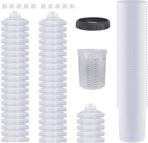 Disposable Paint Cups for Automotive Paint Gun, HVLP Paint Spray Gun 27 Ounce (800ml) Kit with 50 Cups and Lids Systerm, 1 Hard Cup with Retainer Ring and 10 Plugs - size: 27 Ounce Kit