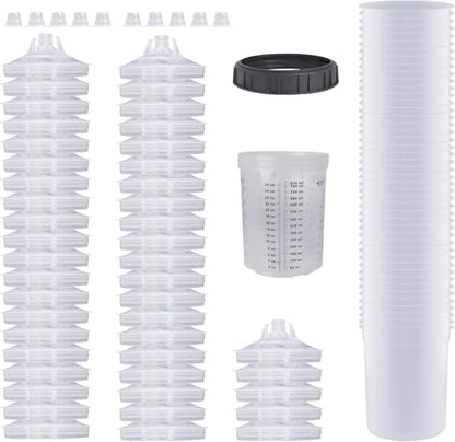 Disposable Paint Cups for Automotive Paint Gun, HVLP Paint Spray Gun 27 Ounce (800ml) Kit with 50 Cups and Lids Systerm, 1 Hard Cup with Retainer Ring and 10 Plugs - size: 27 Ounce Kit