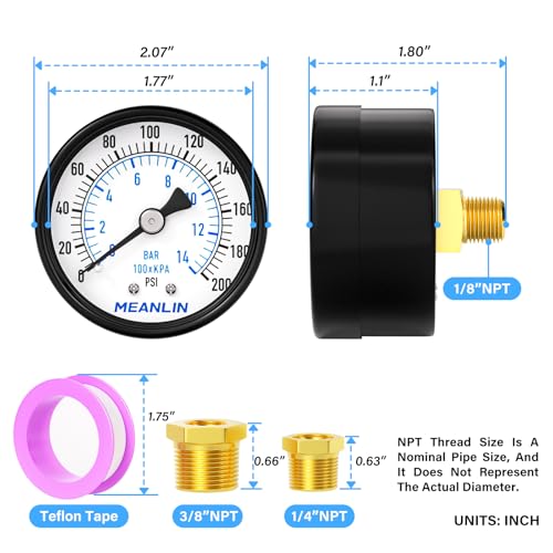 MEANLIN MEASURE 0-200Psi 2" DIAL FACE 1/8" NPT Well Pump Pressure Gauge, with 1/4" NPT and 3/8" NPT Hex Bushing, 3-2-3% Accuracy, Center Back Mount - color: 1/8"NPT Back Mount, size: 0-200Psi