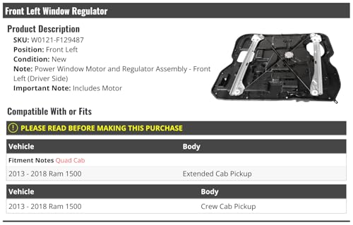 Front Left Driver Side Power Window Motor Regulator and Panel Assembly - Compatible with 2013-2018 Ram 1500