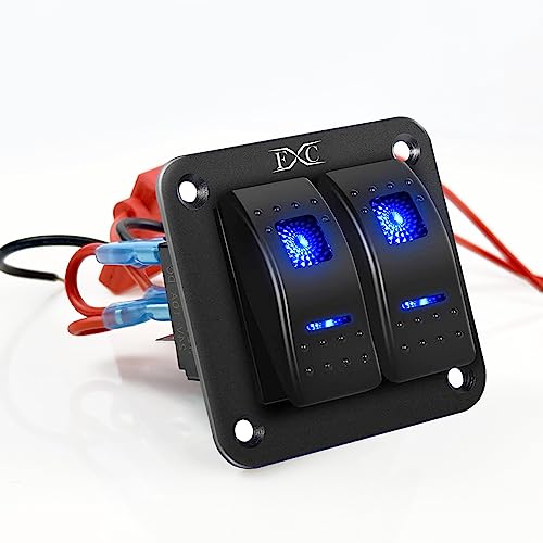 FXC Pre-Wired 2 Gang Rocker Switch Aluminum Panel with 40A Inline Fuse, Waterproof 6-Pin On-Off Car Boat Switch, Blue LED Switch Panel for Marine Boat Automotive RV Truck ATV Vehicles 12V/24V - style: 2 Gang