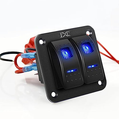 FXC Pre-Wired 2 Gang Rocker Switch Aluminum Panel with 40A Inline Fuse, Waterproof 6-Pin On-Off Car Boat Switch, Blue LED Switch Panel for Marine Boat Automotive RV Truck ATV Vehicles 12V/24V - style: 2 Gang