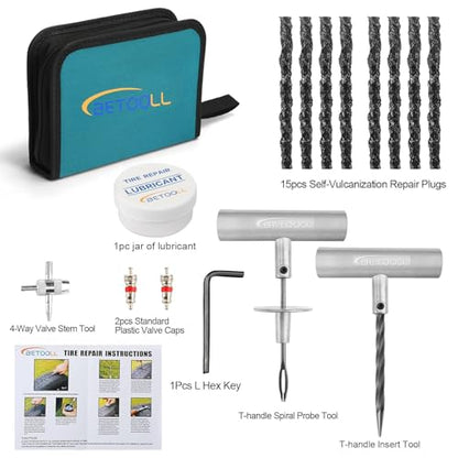 BETOOLL Tire Repair Kit, 24 Pcs Professional Heavy Duty Universal Emergency Flat Tire Repair Kit to Fix Punctures, for car Motorcycle, Truck, Golf Cart, ATV, Tractor, ARB, RV, SUV, Trailer etc. - size: 01- 24pcs (Classic Green)