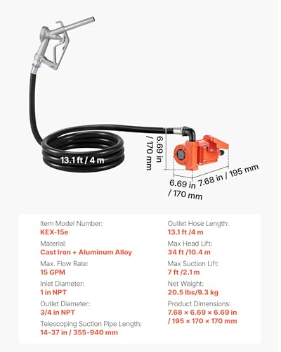 VEVOR Fuel Transfer Pump, 12V DC 15 GPM, Cast Iron Diesel Transfer Pump Kit, with Manual Nozzle, Discharge Hose, Overheat Protection, Power Cable, Explosion-Proof, for Gasoline Diesel Kerosene & More - size: 12V 15GPM