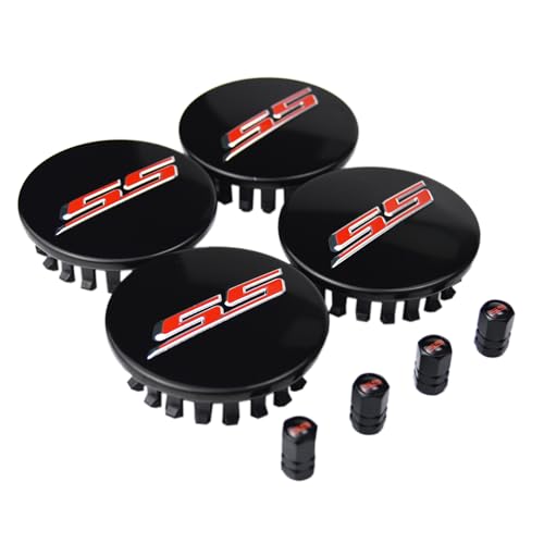 (Set of 4) 68mm=2.67 inches SS Wheel Center Cap Covers Hub Cap 3D Emblem + Valve Stem Caps Trim for 2016-2023 6th Generation Chevrolet Camaro - color: Red SS on gloss black cap, valve caps included