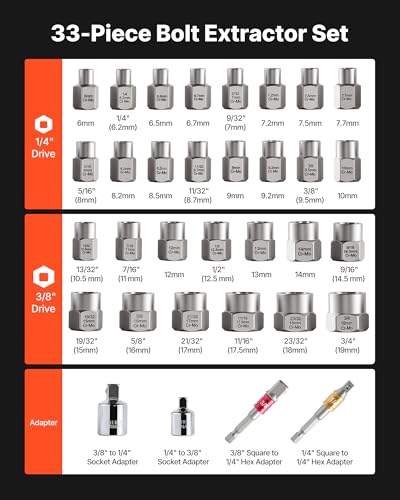 VEVOR Bolt Extractor Set, 32-Piece Bolt and Nut Remover Set, 6mm to 10mm, 13/32" to 3/4", CR-MO Steel Extraction Socket Set with Storage Case, for Removing Damaged Rusted Bolts, Nuts and Screws - size: 33 PCS