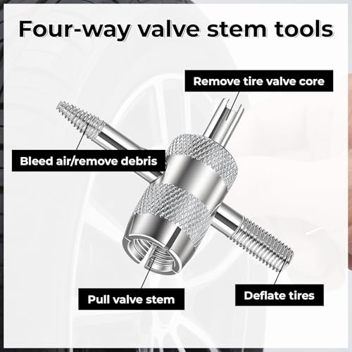 Car Tire Repair Tools Tire-Valve Core Remover Valve Stem Removal Tool Kit with 4-Way Valve Tool, 10 Pcs Valves Stem Caps, 20 Pcs Valves Cores for Cars Trucks Motorcycles Bicyclescs