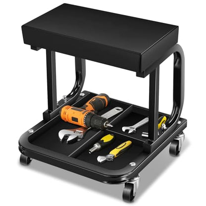 Auto Dynasty Rolling Mechanic Stool, Padded Shop Seat, w/Tool Tray, Black