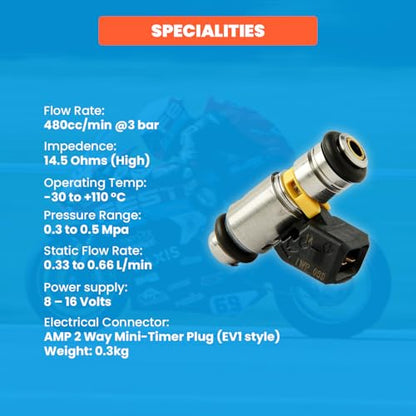 Magneti Marelli IWP-069 Fuel Injector High-Performance 480cc/min Flow Rate, 14.5 Ohms High Impedance, OEM Replacement for Ducati Superbikes, Mercruiser Marine Engines, and Harley-Davidson Motorcycles