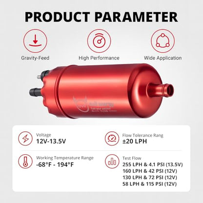 EVIL ENERGY External Inline Electric Fuel Pump, 255 LPH High Pressure with 52MM Bracket Clamp, Red - color: Red