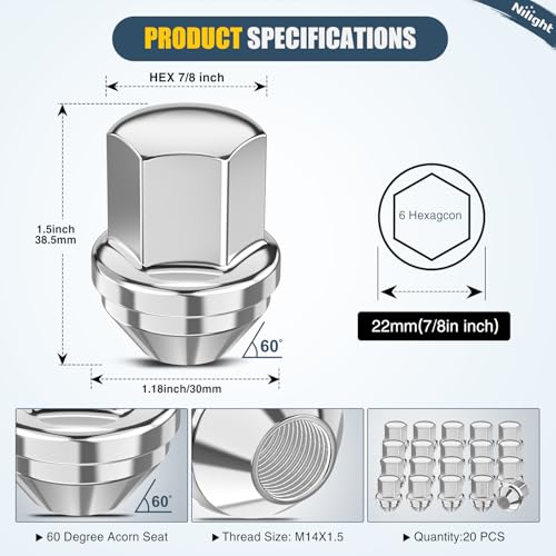 Nilight 20PCS M14x1.5 Lug Nuts Compatible with 2012-2018 Ram 1500 - color: Silver, size: 20PCS Ram 1500 2012-2018 Wrangler/Gladiator 19-22