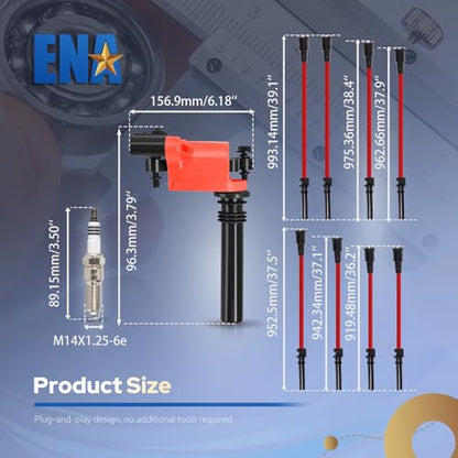 ENA Set of 8 Ignition Coil Pack with Wire Set and 16 Spark Plug 5.7 Compatible with Chrysler Dodge Jeep Ram 1500 2500 3500 Magnum Grand Cherokee 300 5.7L V8 2003 2004 2005 Replaces UF378 3213 -Red