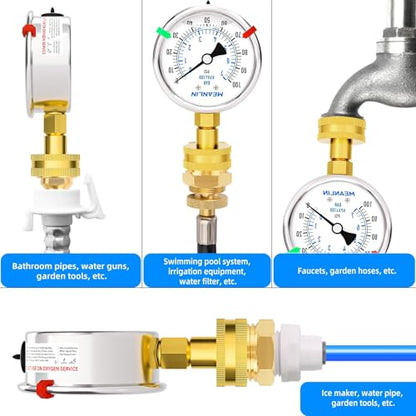 MEANLIN MEASURE 0~100Psi Liquid Filled Pressure Gauge kit Plus 5 adapters Stainless Steel Frame 3/4" Female, 2.5" FACE DIAL Multi-Purpose Pressure Gauge kit, Suitable for Gardens, Water Pipes, etc - size: 0-100Psi (With Fittings)